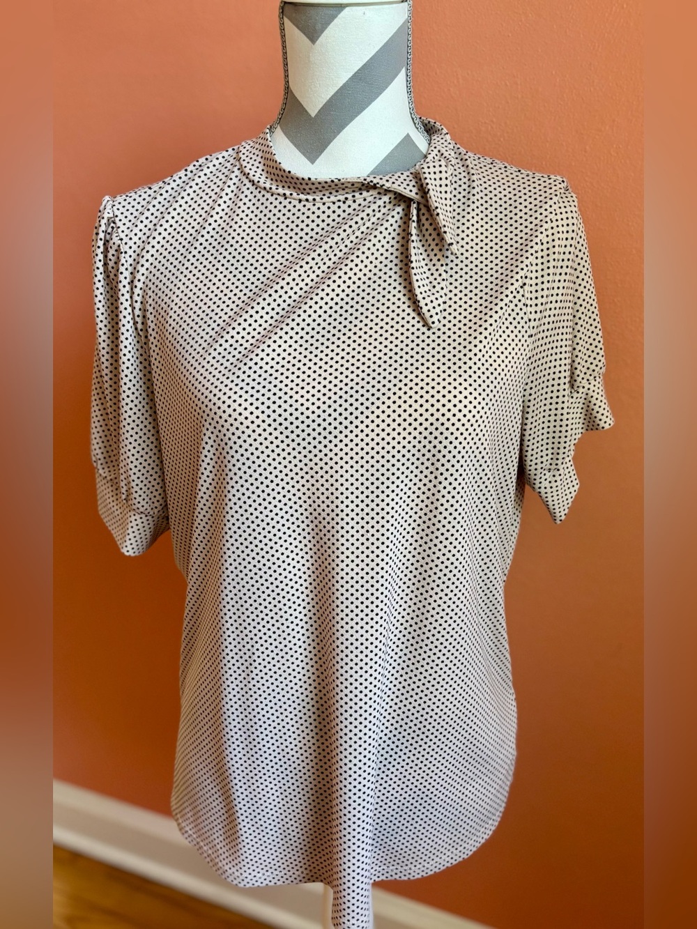 Adrianna Papell Cream Blouse with Black Polka Dots and Tie Neck